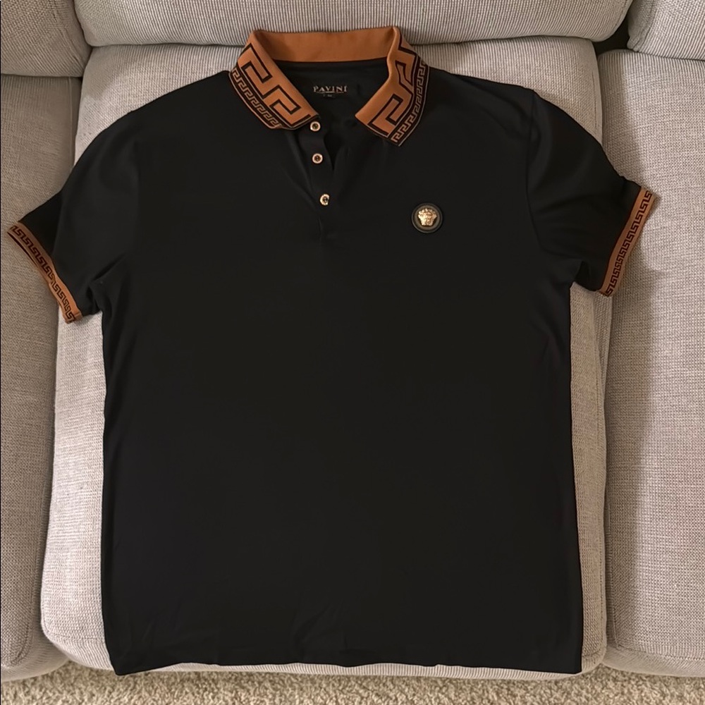 Black Polo Shirt with Orange Striped Collar and Embroidered Logo